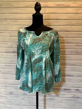 Talbots Teal Tropical-Print 3/4 Sleeve Cotton Shirt